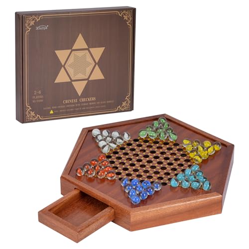 lehom Wooden Chinese Checkers Set with Storage Drawer, 12.5in Wood Chinese Checkers with 60 Colored Marbles, Classic Strategy Family Board Game