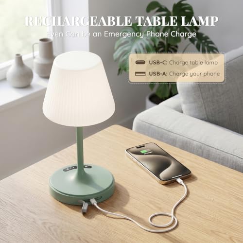 Image of Waterproof Shower Lamp Outdoor Cordless Table Lamp, 3-Color Dimmable -Green | 4000mAh, touch, weighted base, bathroom shower light, patio dinner, RV camping, charge your phones, memory night light
