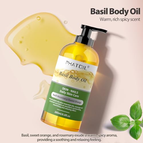 Image of PHATOIL Basil Body Oil with Pump, 260 ml (8.8 fl.oz) Multi-Purpose Massage Oil Basil Oil, Blends of Natural Plant Oils and Essential Oils, Great for Skin Care, Body Oils for Women and Men