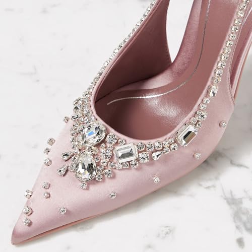 Women's Crystal Slingback Pumps Pointed Toe Slip On Stiletto Heels Rhinestone Satin Stiletto Sandals Elegant Evening Dress Slingback Heels2