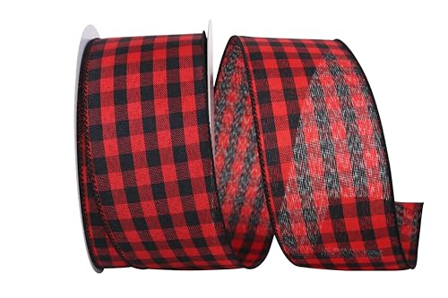 Reliant Ribbon Cabin Buffalo Check Wired Edge Ribbon, 2-1/2 Inch X 25 Yards, Red/black