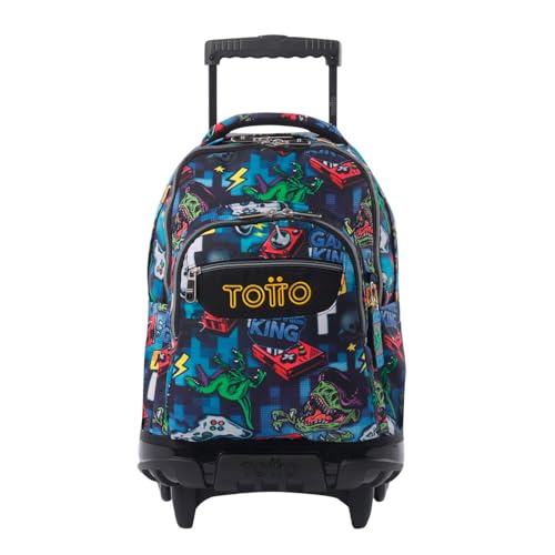 TOTTO - Mochila Escolar con Ruedas, Modelo Renglones, Capacidad 26,21 Litros, Bolsillo para PC 14", Bolsillo para Botella, Correas en S para Mayor Comodidad, Resistente, Estampado Gamertag Azul