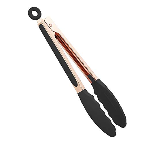 KAISHANE Kochzange, Roségold, Kupfer-Edelstahl, Silikonspitze, Grill- und Kochzange, 22,9 cm, für antihaftbeschichtetes Kochgeschirr, BPA-frei, Verriegelung, Grillzange (schwarz) Cover