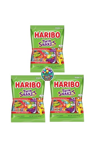 Twin Snakes Gummi Candy - 5oz. (Pack of 3) Share Size Peg Bags Sour flavors in every piece in a NikAn Supplies Bag