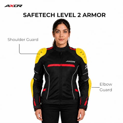 Image of Axor Divazz Women Motorcycle Riding Jacket, CE Armour Protective Bike Jacket, All-Weather Touring Riding Gear with Ventilation Panels, Black Red, L