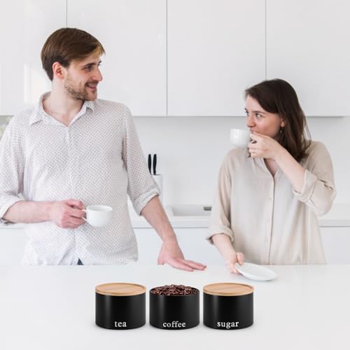 EHC Tea, Coffee, Sugar, Canister Set, Set of 3 Stackable Airtight Food Storage Easy to Open Storage Cansiters Jars Tin, Black - Image 7