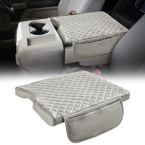SOMIGSHU Center Console Cover for 2015-2025 Ford F150, 2017-2025 F250 F350 F450 with 40/20/40 Jump Seat, Leather Armrest Cover with Side Pockets (Jump Seat Only)
