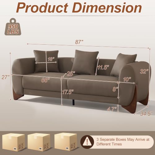 Image of 87 inch Faux Leather Cloud Couch Modern 3 Seater Sofa with Solid Wood Legs, 25 inch Extra Deep Seat, Comfy Thick Cushion Upholstered Sofa Couches with 3 Pillows for Living Room, Tan