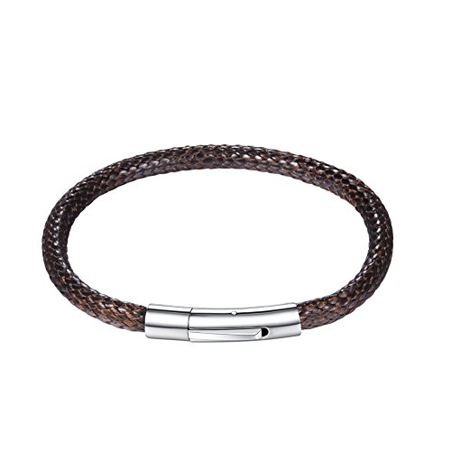 U7 Men Women Wrist Cuff Bangle Stainless Steel Clasp Braided Brown Leather Rope