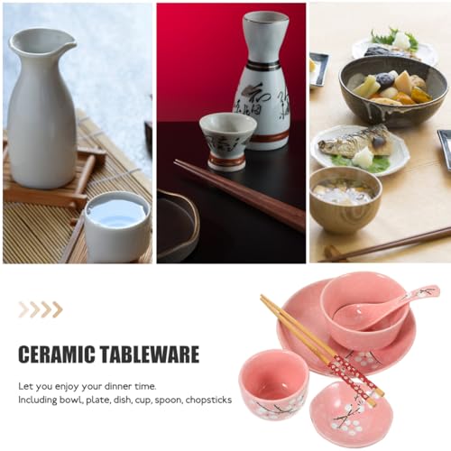 HEMOTON 6-Teiliges Japanisches Keramikgeschirrset Rosa Für Haushalt Mit Schüssel Teller Tasse Löffel Und Essstäbchen Praktisch Stapelbar Für Asiatische Küche Und Alltagsgebrauch