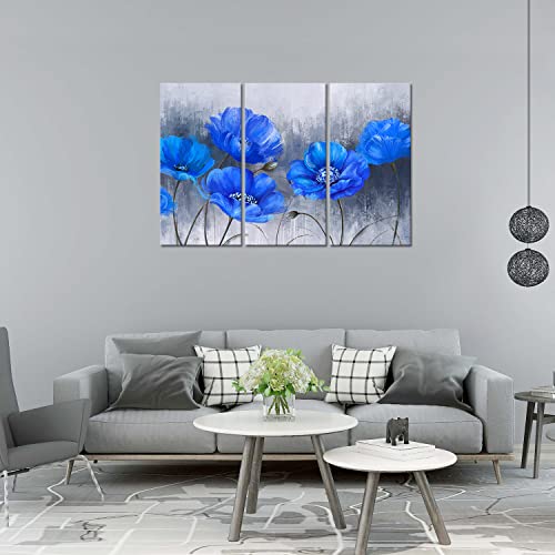 Blue Flower Wall Art,Floral On The Grey Background 3 Piece Canvas Print Nature Scenery Wall Art For Living Room Bedroom Wall Painting Decoration Modern Artwork #TOP1