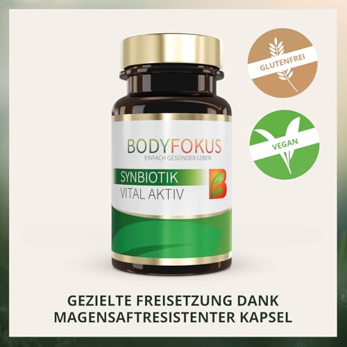 BodyFokus SynBiotik Vital Aktiv | spezielle Bakterienstämme & Präbiotika - natürliche Inhaltsstoffe - enthält Calcium - 60 Kapseln - in Deutschland hergestellt