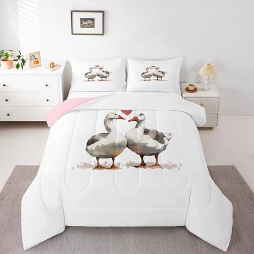 Image of Erosebridal Geese Valentine King Comforter Set Cartoon Ducks Bedding Set for Kids Teens Goose Duck Couple Decor Comforter Kawaii Farm Animals Quilt