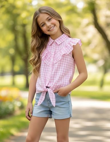 Image of Girls Sleeveless Plaid Button Down Shirt Summer Crop Tops Tie Knot Ruffle Sleeve Shirt Blouse 3-12Y