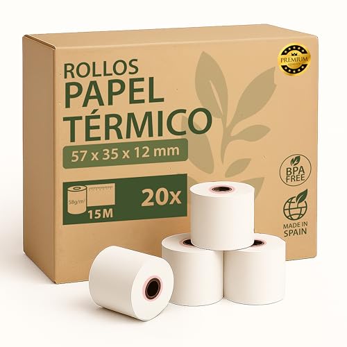 Papel Térmico TPV 57x35x12 mm - Para Impresora de Tickets, Papel Datáfonos TPV - Sin BPA, Blanco - Alta Resolución y Durabilidad (Pack 20 Rollos)