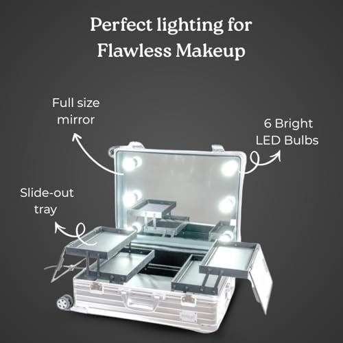 Image of Professional Makeup Trolley Case Aluminium with LED Mirror, Rolling Cosmetic Storage Organizer with Adjustable Legs, Lockable Travel Vanity Case for Makeup Artists & Salon Use (Silver)