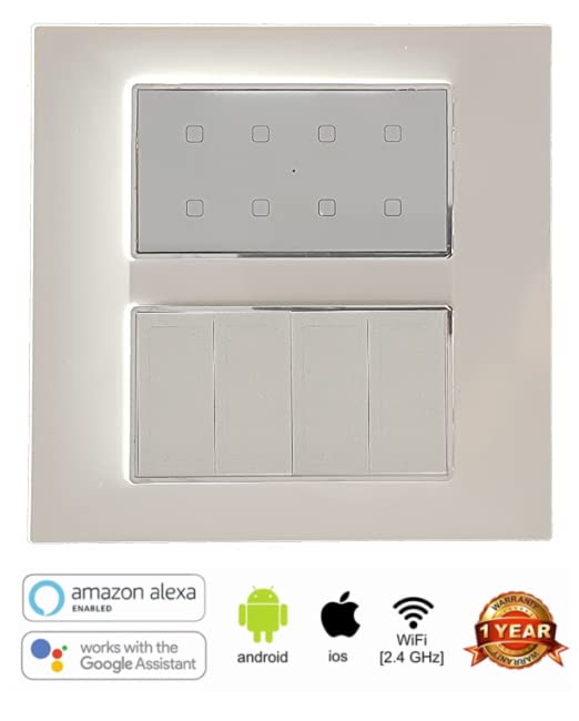 Image of Smarteefi Touch 8 Port Modular WiFi Smart Switch Board (7 Light Switch+ 1 Switch 16A), Customizable with add-on modules, Compatible with Alexa & Google Home, White (Size: 8M-Square (154mmx160mmx40mm))