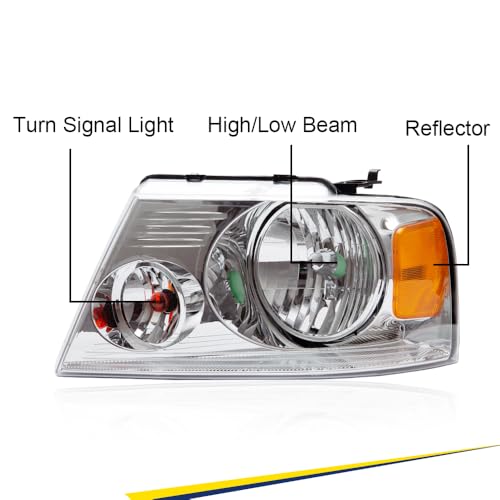 Image of GRAND ORANGE Headlight Assembly Compatible with Ford F150 2004 2005 2006 2007 2008 / Fit Lincoln Mark LT 2006-2008 Driver & Passenger Side Headlamp Clear lens Chrome Houing Amber Reflector