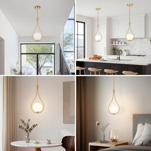 Image of Gold Pendant Lights Kitchen Island with Milky White Globe Glass, 1 Pack | Mid Century Adjustable Hanging Pendant Light Fixtures