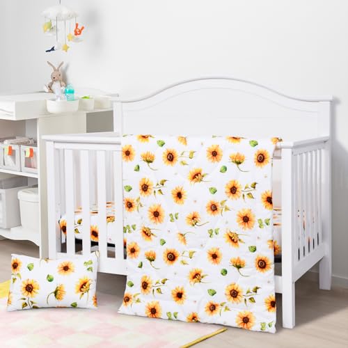 Image of JISEN 3 Piece Baby Crib Bedding Set for Girls - Soft Floral Crib Comforter Set with Crib Sheet Comforter and Pillowcase Sunflowers