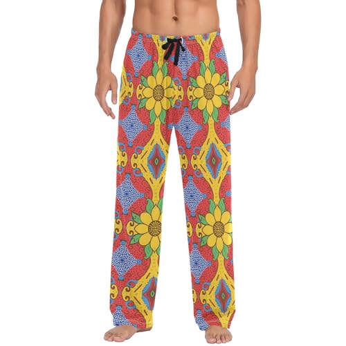 Men’s Mexican Ceramic Tile Pattern Pajama Pants with Pockets, Comfortable Lounge Sleep Bottoms#110
