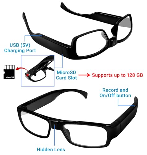 Image of Eye4Spy Hidden Camera Glasses - 1080P HD Wearable Mini Spy Eyewear for Personal Security | Rechargeable - 100 Minutes Backup | Supports microSD Card up to 128GB (Card not Included) - Model