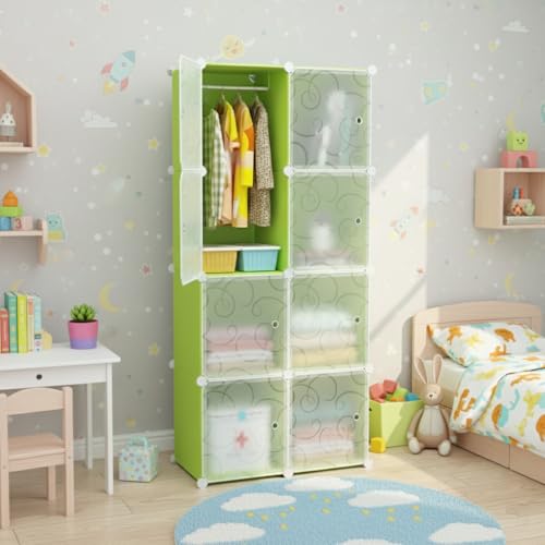 Image of KRISHYAM Kids Modular Storage Cabinet with anging Rail, 8 Cube Plastic Wardrobe Organizer, DIY Closet System with Hanging Rod, Toy & Clothes Storage (Green Plain, 8 Box)