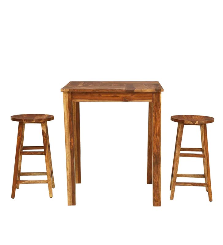 Image of Sheesham Wood Bar Counter with 2 Stools /High Bar Dining Table 2 Seater (Solid Sheessham Wood, 2 Seater, Rustic Teak Finish)