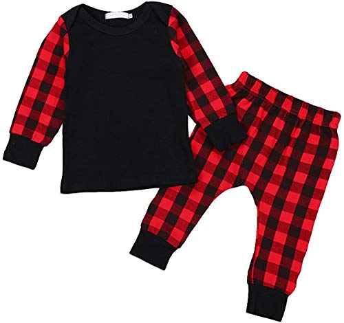 GRNSHTS Baby Girls Boys Christmas Outfit Plaid Long Sleeve Tops + Pants Sets Clothes (Red & Black, 110/2-3T)