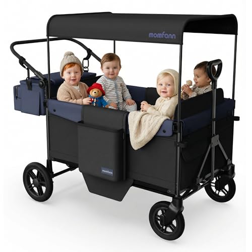 Image of MOMFANN Lightweight Wagon Stroller for 4 Kids, All-Terrain Push Pull with Adjustable Handle, Removable Canopy, Large Storage Basket, Compact Fold(Blue)