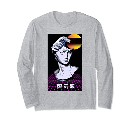 Vaporwave Statue David with a Wave on his head & 80s Sunset Long Sleeve T-Shirt, Grey