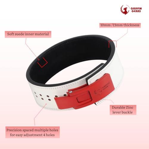 Image of 10MM Lever Gym Belt for Men & Women | 100% Full Grain Genuine Leather Powerlifting Belt | IPF Standard Weight Lifting Belt | White Belt with Red Buckle | Size Medium