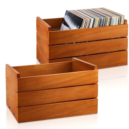 Sintuff 2 Pcs Wooden Vinyl Record Storage Crate for 7 in Albums 45 RPM Rustic Farmhouse Box Organizer Decorative Holder for Books Toys Magazines Collectors Singles Home Display Brown