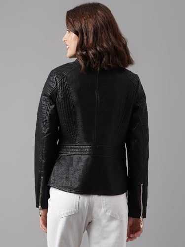 Image of Latin Quarters Women's Black Biker Collared Casual Solid Jacket