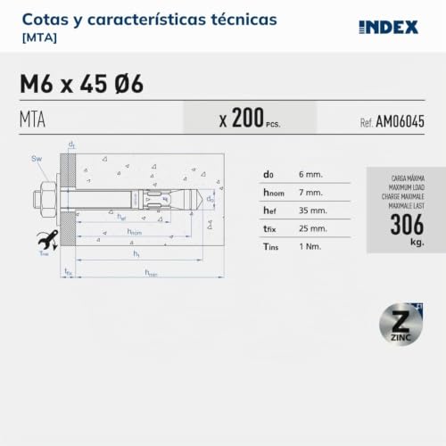 Miniatura 5 de Index Fixing Systems Mta - Pack De 50 Anclajes Macho Para Cargas Altas Cincados, M12 X 120 Mm, Diámetro De 12 Mm