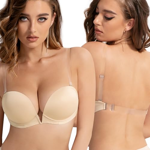 YANDW Damen Tief V Push Up BH Rückenfrei mit Rücken Transparent and Trägern Niedrigem Rücken Plunge Gepolsterter Bügel BHS 36C Nude