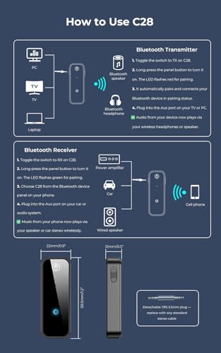 C28 Bluetooth 5.0 Transmitter Receiver, 2-in-1 Wireless 3.5mm Aux Adapter for Old Car Stereo, TV, Record Player, Headphones & Speakers &ndash; Plug & Play, No App Needed