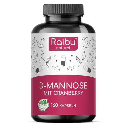 Raibu D-Mannose Kapseln mit Cranberry - 2100 mg D Mannose pro Tagesdosis - 160 Kapseln hochdosiert - Vegan natürlich rein & ohne Zusätze in Deutschland produziert & laborgeprüft