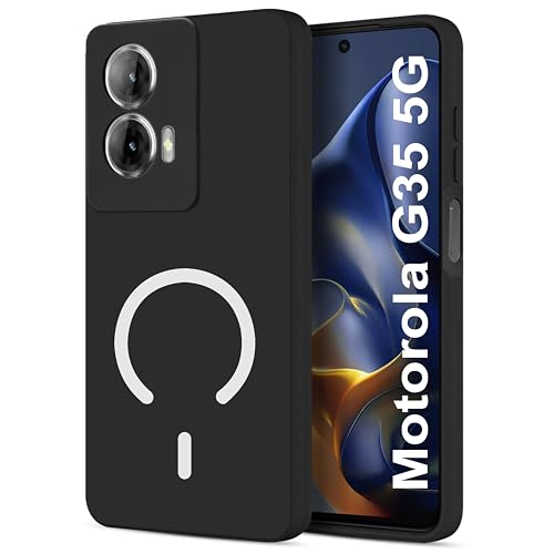 Image of SBMS Silicone Back Cover Case for Motorola G35 5G | Soft Micro-Fibre Lining Inside | Magsafe Print On Back Side Camera Protection Bump | Shockproof Case for Moto G35 (Magsafe Print Big Black)