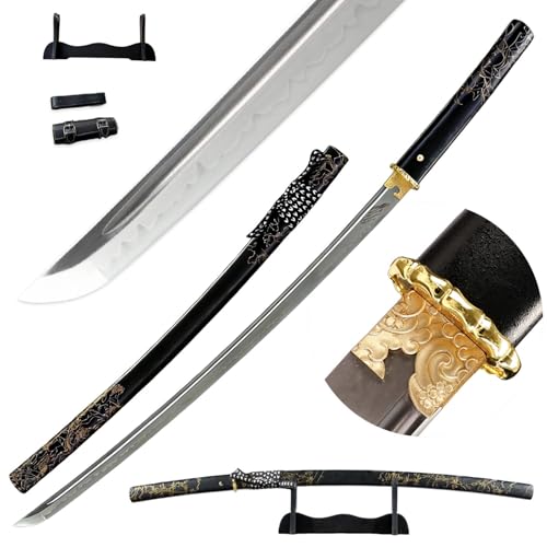 40 Japanese Atsu Gilded Night Cosplay Replica Ytei Sword Wolf Blade Katana T8 High Carbon Steel Clay Tempering with Display Stand and Belt