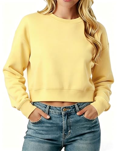 LETSEE Cropped Sweatshirt for Women Oversized Crewneck Cotton Long Sleeve Crop Pullover Casual Lightweight Boxy Sweater Yellow