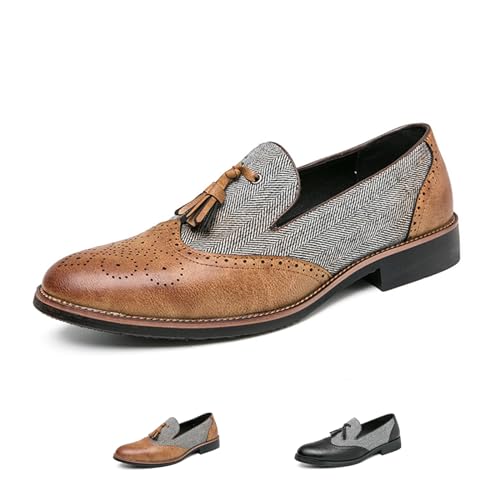 Men's Patchwork Two Tone Slip On Tassel Dress Loafers Fashion Hand Stitched Leather Carving Punched Brogues Oxford Shoes Pointed Toe Low Top Luxury Business Formal Shoes