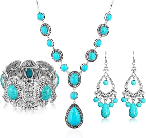 TOEECY Türkis Schmuckset Vintage Quadrat Rund Tropfen Halskette Armband Ohrringe Antik Silber Schmuck Damen Accessoires