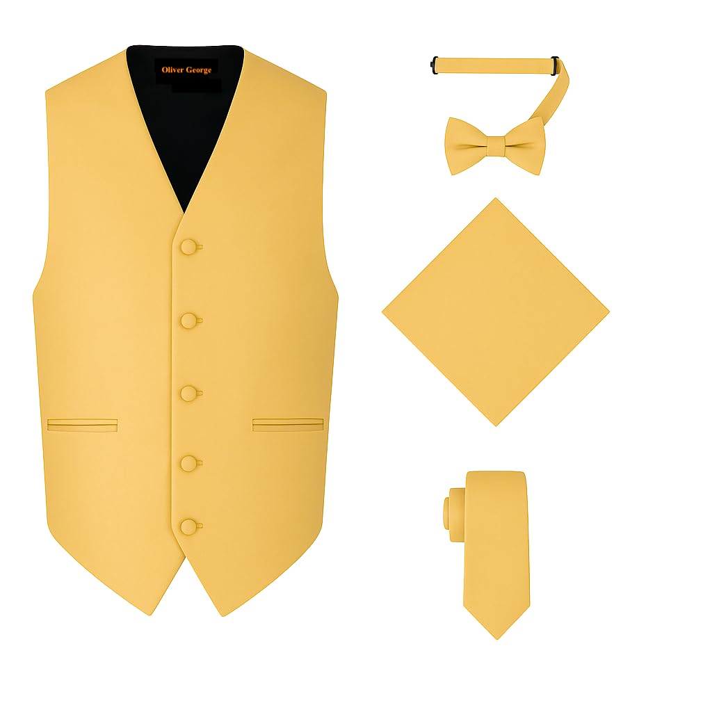 Oliver George 4pc Men's Solid Formal Suit Waistcoat Tuxedo Dress Vest Necktie Bowtie Handkerchief Set for Suit or Tuxedo, Gold, XL