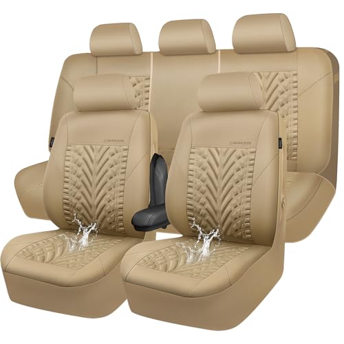 Image of CAR PASS Neoprene Waterproof Seat Covers Full Sets, Wetsuit Car Seat Covers 5 Seats Universal Fit for Vans, Truck, SUV, 3D Tyre Embossed Seat Covers Anti Slip with Armrests, Aibag Compatible All Beige