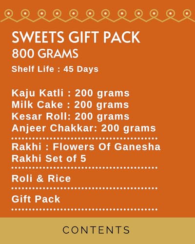 Image of HYPERFOODS House of Treats Rakhi Combo With Sweets Indian Sweets Gift Pack of 4 Kaju Katli Milk Cake Anjeer Chakkar Kesar Roll 200G each Flowers of Ganesha Rakhi Set of 5 With Roli & Rice