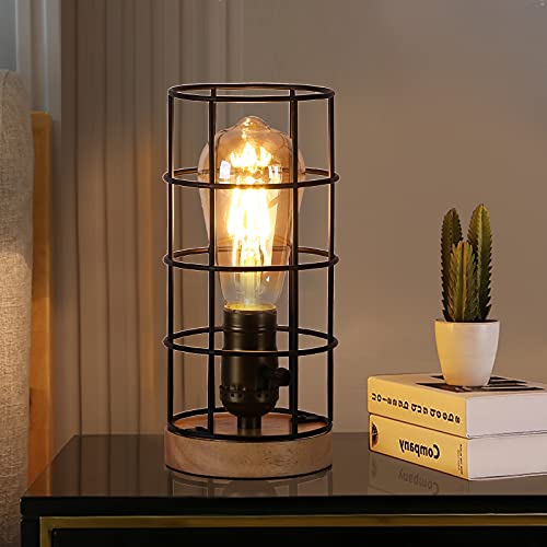 Modern Small Cage Desk Lamp with Wood Base - Mid Century Vintage Rustic Edison Standing Table Lamp Antique Holder - Industrial Bedside Night Light Decoration for Living Room Bedroom (no E27 Bulb)