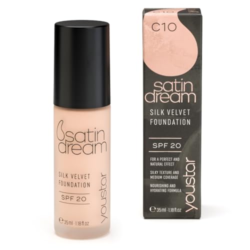 youstar Base de maquillaje de satén Dream, base de maquillaje hidratante, cobertura media a alta, tez suave y sedosa, textura de color crema, ingredientes naturales, color de maquillaje/color: C10