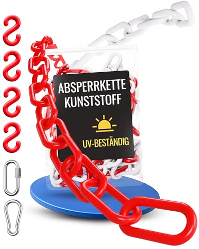 Absperrkette Rot Weiß Kunststoff - UV-Beständig & Witterungsfest Inkl. 4x S-Haken 1x Karabiner & Schraub-Karabiner Absperrkette Kunststoff 5m zur Absperrung im Außenbereich - Absperrkette 5m