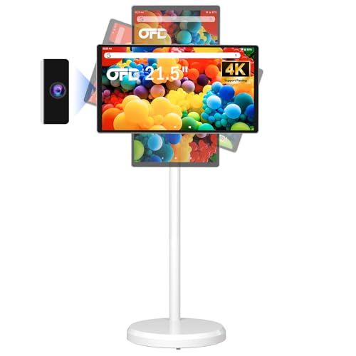 OFD 21.5' Portable TV on Wheels,Android 13 OS,1080p,6+128GB,Speicher Tragbarer Fernseher, 100% sRGB,±90°Rotation,schwenkbarer Touchscreen Monitor mit Ständer,Built-in 4K Webcam,Weiß